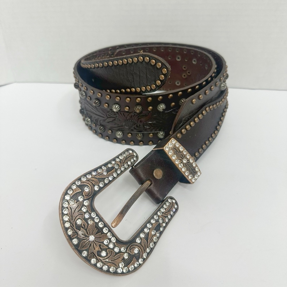 Tooled Leather Brown Western Belt Size 32 Oversize Copper Buckle Rhinestone